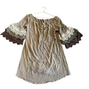 Umgee Boho Peasant Blouse Brown Ivory Crochet Lace Trim